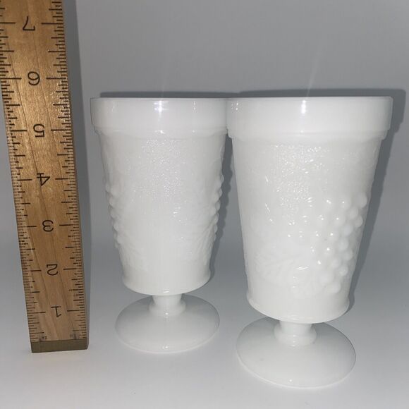Anchor Hocking White Milk Glass Grape Leaves 5 3/4” Footed Goblet  Set Of 2 - Picture 2 of 11